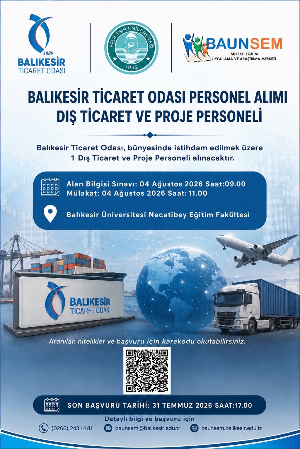 BALIKESİR TİCARET ODASI PERSONEL ALIMI(DIŞ TİCARET VE PROJE PERSONELİ)