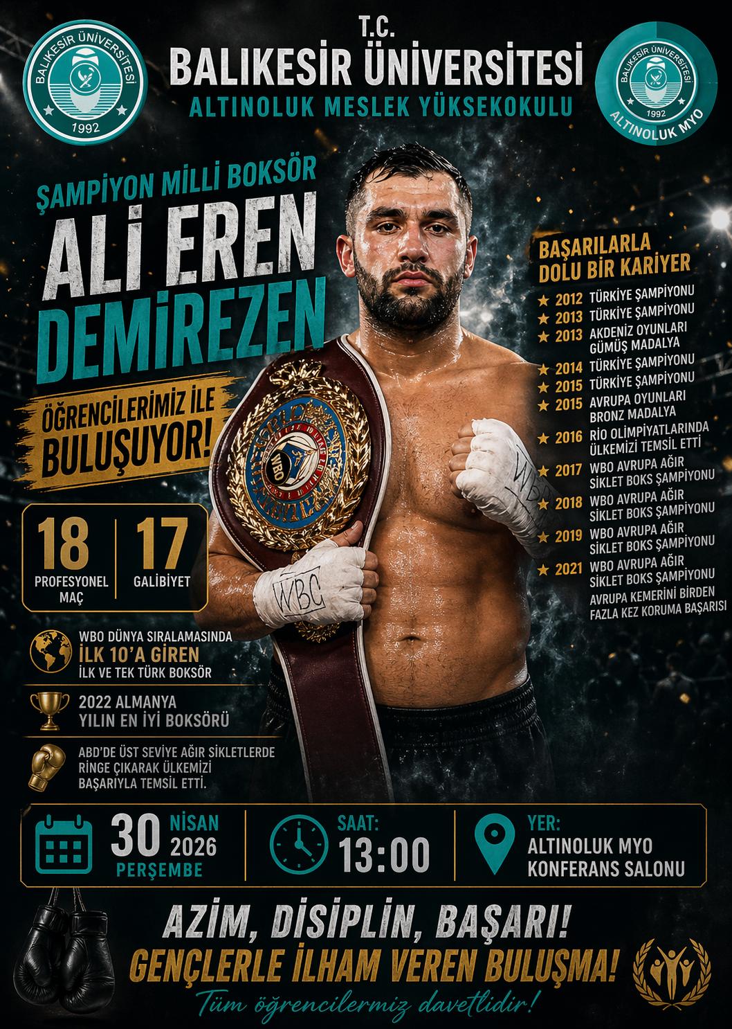 Şampiyon Milli Boksör Ali Eren DEMİREZEN'in öğrencilerimizle buluşuyor.